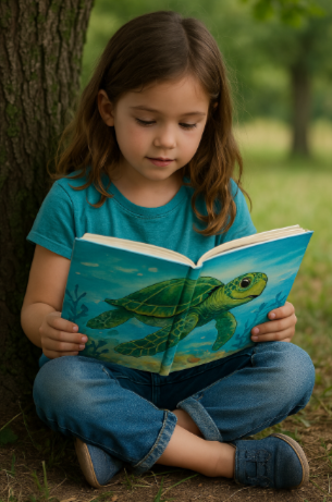 Child reading a turtle adventure book under a tree